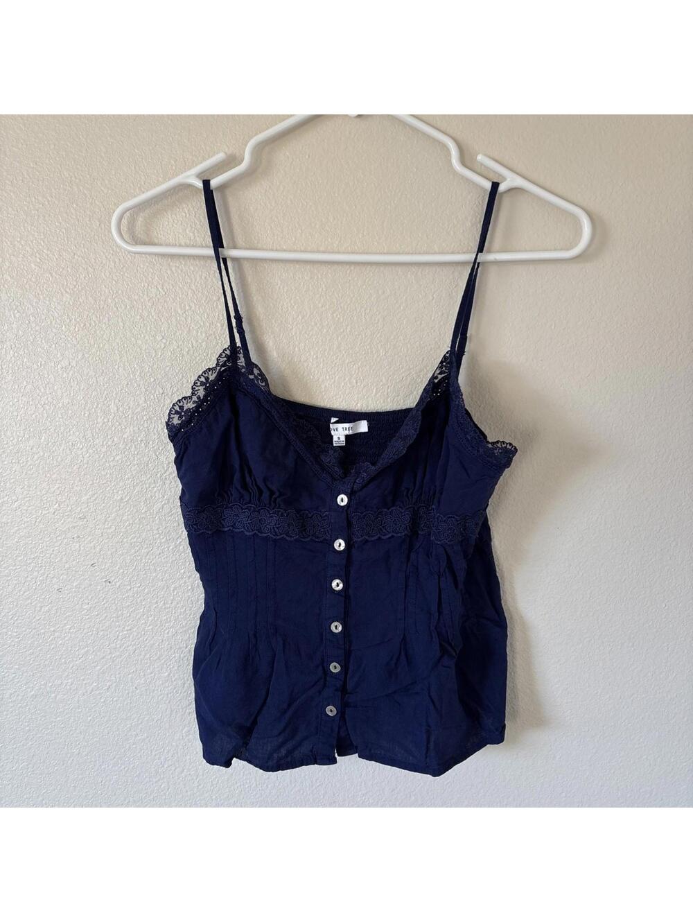 Love Tree Womens Small Button Front Blue Smocked Lace Cami Top